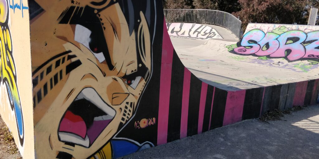 Graphiti de Moya Uno au skate park de St Jean de Vedas représentant Vegeta avec la touche des îles