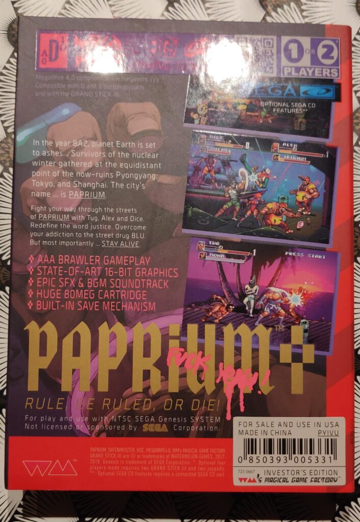 verso de la boîte de jeu paprium